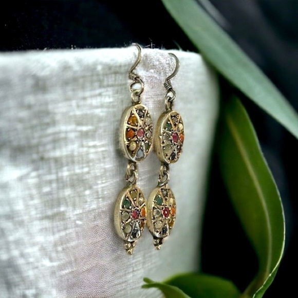 Diamond & Gemstone Sterling Oval Navratna Dangle Earrings​ - Picture 5 of 7